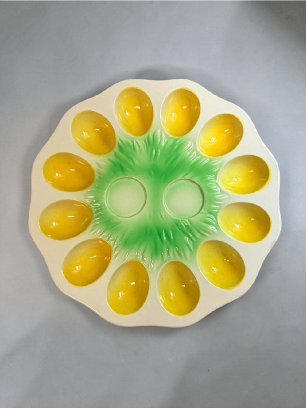 Vintage Ceramic Deviled Egg Plate 12 Egg Holder Yellow Green White 9”